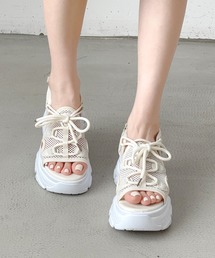 【新色入荷】+6.5㎝ 軽量 厚底 ボリュームソール レースアップ リボン スポーツ サンダル 6357