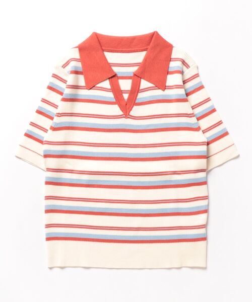 aimoha(アイモハ)の「マルチボーダーリブニットポロシャツ (SS)(Tシャツ/カットソー・レディース・レッド/チョコ・FREE)」の5枚目の写真
