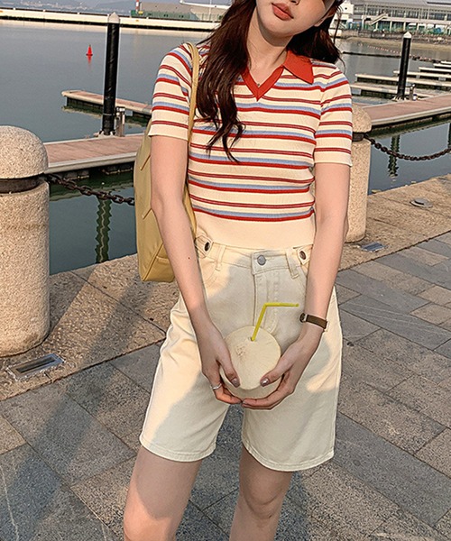 aimoha(アイモハ)の「マルチボーダーリブニットポロシャツ (SS)(Tシャツ/カットソー・レディース・レッド/チョコ・FREE)」の7枚目の写真