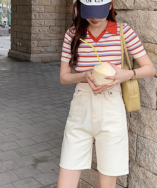 aimoha(アイモハ)の「マルチボーダーリブニットポロシャツ (SS)(Tシャツ/カットソー・レディース・レッド/チョコ・FREE)」の10枚目の写真