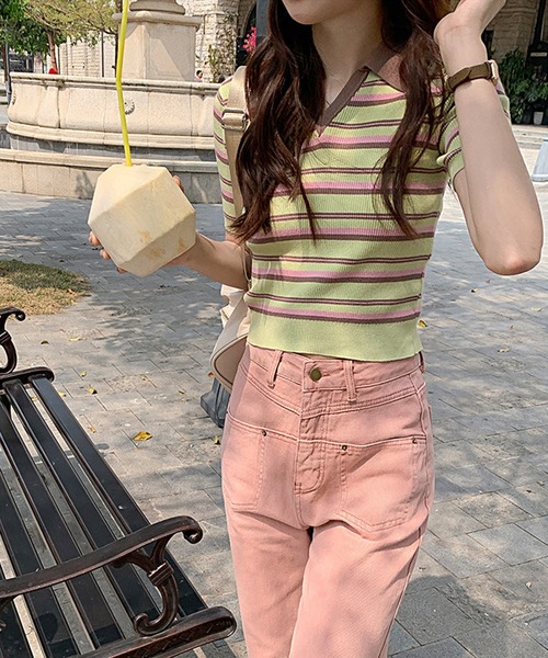 aimoha(アイモハ)の「マルチボーダーリブニットポロシャツ (SS)(Tシャツ/カットソー・レディース・レッド/チョコ・FREE)」の12枚目の写真