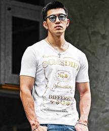 【SOMEDIFF】ラメプリントVネック半袖Tシャツ メンズ タイトめ tシャツ ロゴ ワンポイント 春服