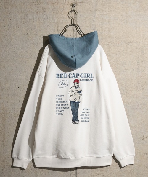 Red Cap Girl(レッドキャプガール)の「【a-r】〔新柄追加〕〔Red Cap Girl/レッドキャップガール〕バックイラストプリント/刺繍 ルーズサイズ 配色パーカー(パーカー・メンズ・カーキ/アッシュグレー/ブルー/ネイビー/アイボリー/ダークグレー/ホワイト系その他/グレー系その他/ネイビー系/ブラック/ブルー系その他/ネイビー系1・LARGE/MEDIUM)」の18枚目の写真