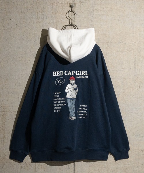 Red Cap Girl(レッドキャプガール)の「【a-r】〔新柄追加〕〔Red Cap Girl/レッドキャップガール〕バックイラストプリント/刺繍 ルーズサイズ 配色パーカー(パーカー・メンズ・カーキ/アッシュグレー/ブルー/ネイビー/アイボリー/ダークグレー/ホワイト系その他/グレー系その他/ネイビー系/ブラック/ブルー系その他/ネイビー系1・LARGE/MEDIUM)」の21枚目の写真