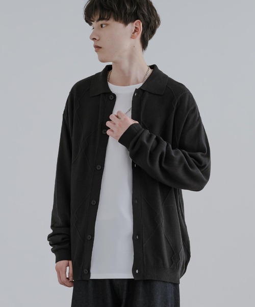Rocky Monroe（ロッキーモンロー）の「オーバーサイズ ジオメ柄L/S ポロ襟 ニットカーディガン（カーディガン/ボレロ・メンズ・グレイッシュベージュ/ブラウン/ブラック/サックスブルー・M/L）」の5枚目の写真