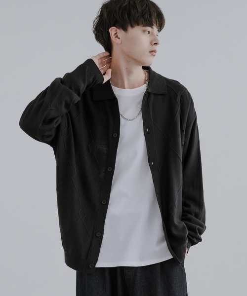 Rocky Monroe（ロッキーモンロー）の「オーバーサイズ ジオメ柄L/S ポロ襟 ニットカーディガン（カーディガン/ボレロ・メンズ・グレイッシュベージュ/ブラウン/ブラック/サックスブルー・M/L）」の6枚目の写真