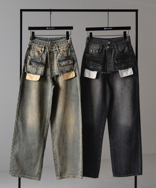 me+em select（ミームセレクト）の「【 ４size ／ ２color 】ダブルウエストダメージレイヤードヴィンテージルーズデニム（デニムパンツ・レディース・ブラック/ブルー・LARGE/X-LARGE/SMALL/MEDIUM）」の3枚目の写真