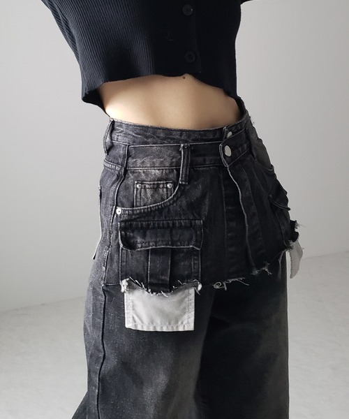 PPFM ダメージデニム　ダブルウエスト　レイヤード me+em select ジーンズ デニム デニムパンツ 「 4size