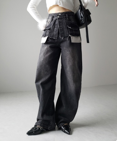 me+em select（ミームセレクト）の「【 ４size ／ ２color 】ダブルウエストダメージレイヤードヴィンテージルーズデニム（デニムパンツ・レディース・ブラック/ブルー・LARGE/X-LARGE/SMALL/MEDIUM）」の14枚目の写真