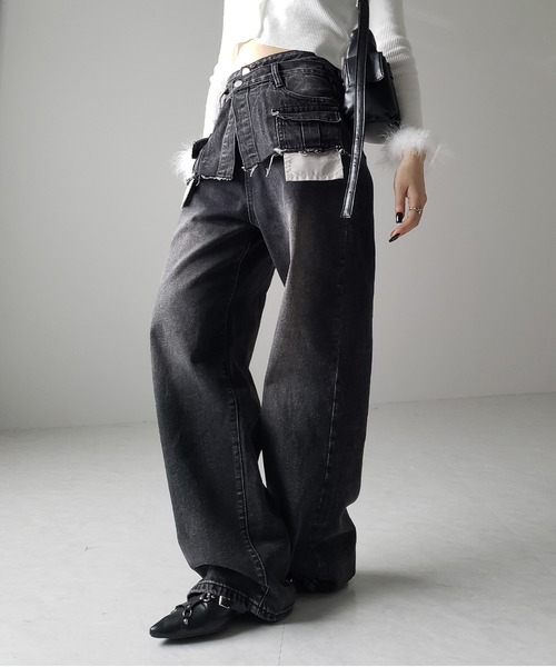 me+em select（ミームセレクト）の「【 ４size ／ ２color 】ダブルウエストダメージレイヤードヴィンテージルーズデニム（デニムパンツ・レディース・ブラック/ブルー・LARGE/X-LARGE/SMALL/MEDIUM）」の15枚目の写真