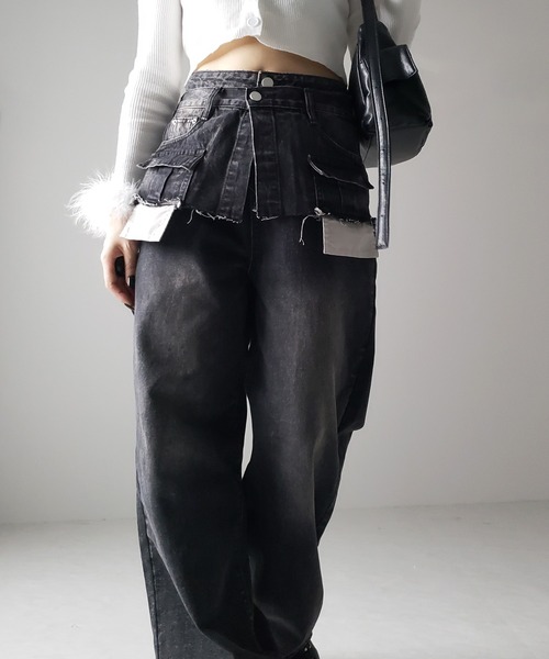 me+em select（ミームセレクト）の「【 ４size ／ ２color 】ダブルウエストダメージレイヤードヴィンテージルーズデニム（デニムパンツ・レディース・ブラック/ブルー・LARGE/X-LARGE/SMALL/MEDIUM）」の13枚目の写真