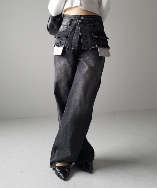 me+em select（ミームセレクト）の「【 ４size ／ ２color 】ダブルウエストダメージレイヤードヴィンテージルーズデニム（デニムパンツ・レディース・ブラック/ブルー・LARGE/X-LARGE/SMALL/MEDIUM）」の17枚目の写真