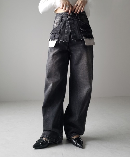 me+em select（ミームセレクト）の「【 ４size ／ ２color 】ダブルウエストダメージレイヤードヴィンテージルーズデニム（デニムパンツ・レディース・ブラック/ブルー・LARGE/X-LARGE/SMALL/MEDIUM）」の21枚目の写真