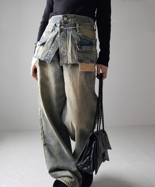 me+em select（ミームセレクト）の「【 ４size ／ ２color 】ダブルウエストダメージレイヤードヴィンテージルーズデニム（デニムパンツ・レディース・ブラック/ブルー・LARGE/X-LARGE/SMALL/MEDIUM）」の4枚目の写真