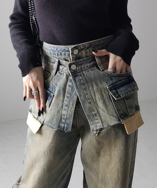 me+em select（ミームセレクト）の「【 ４size ／ ２color 】ダブルウエストダメージレイヤードヴィンテージルーズデニム（デニムパンツ・レディース・ブラック/ブルー・LARGE/X-LARGE/SMALL/MEDIUM）」の5枚目の写真