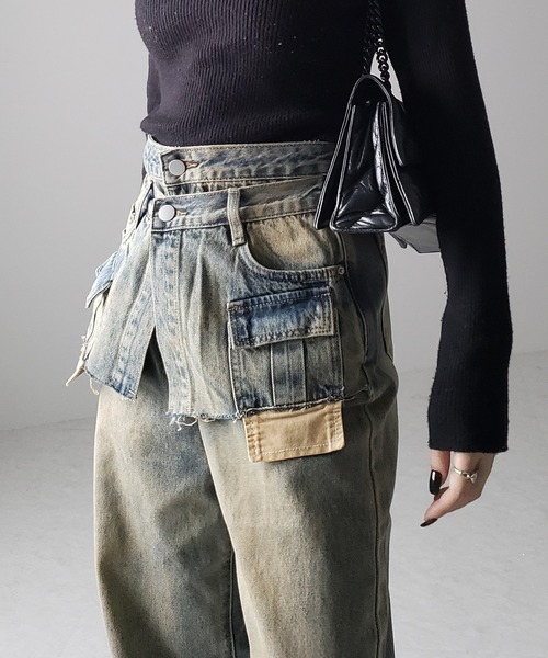 me+em select（ミームセレクト）の「【 ４size ／ ２color 】ダブルウエストダメージレイヤードヴィンテージルーズデニム（デニムパンツ・レディース・ブラック/ブルー・LARGE/X-LARGE/SMALL/MEDIUM）」の6枚目の写真