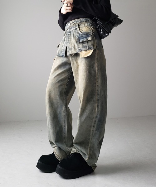 me+em select（ミームセレクト）の「【 ４size ／ ２color 】ダブルウエストダメージレイヤードヴィンテージルーズデニム（デニムパンツ・レディース・ブラック/ブルー・LARGE/X-LARGE/SMALL/MEDIUM）」の7枚目の写真