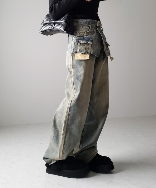 me+em select（ミームセレクト）の「【 ４size ／ ２color 】ダブルウエストダメージレイヤードヴィンテージルーズデニム（デニムパンツ・レディース・ブラック/ブルー・LARGE/X-LARGE/SMALL/MEDIUM）」の8枚目の写真