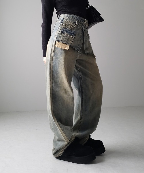 me+em select（ミームセレクト）の「【 ４size ／ ２color 】ダブルウエストダメージレイヤードヴィンテージルーズデニム（デニムパンツ・レディース・ブラック/ブルー・LARGE/X-LARGE/SMALL/MEDIUM）」の11枚目の写真