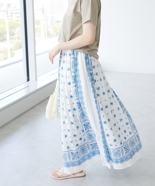 CRAFT STANDARD BOUTIQUE（クラフトスタンダードブティック）の「【追加】パネル柄マキシギャザースカート（スカート・レディース・ライトベージュ/チャコールグレー/ライトグリーン/ブルー・M/L）」の4枚目の写真