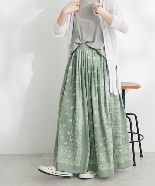 CRAFT STANDARD BOUTIQUE（クラフトスタンダードブティック）の「【追加】パネル柄マキシギャザースカート（スカート・レディース・ライトベージュ/チャコールグレー/ライトグリーン/ブルー・M/L）」の3枚目の写真