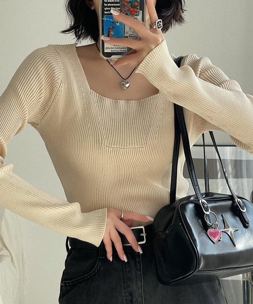 セール】胸元切り替え スクエアネック ニット（ニット/セーター