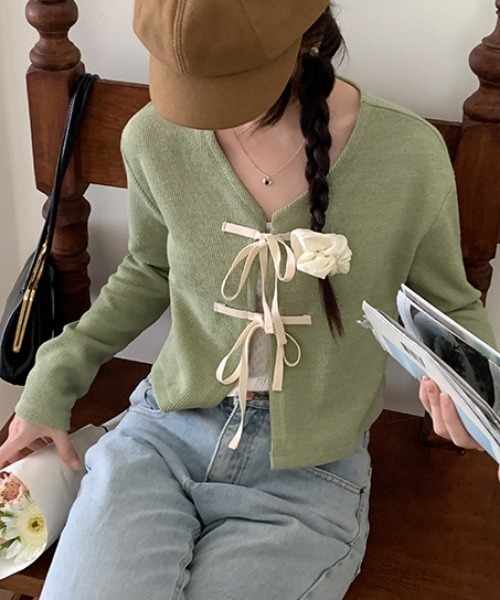 gossip!ロサンゼルス(ゴシップロサンゼルス)の「ショート丈 リボンカーディガン(カーディガン/ボレロ・レディース・ブラック/ライトピンク/グリーン・FREE)」の1枚目の写真