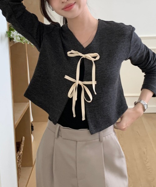 gossip!ロサンゼルス(ゴシップロサンゼルス)の「ショート丈 リボンカーディガン(カーディガン/ボレロ・レディース・ブラック/ライトピンク/グリーン・FREE)」の4枚目の写真