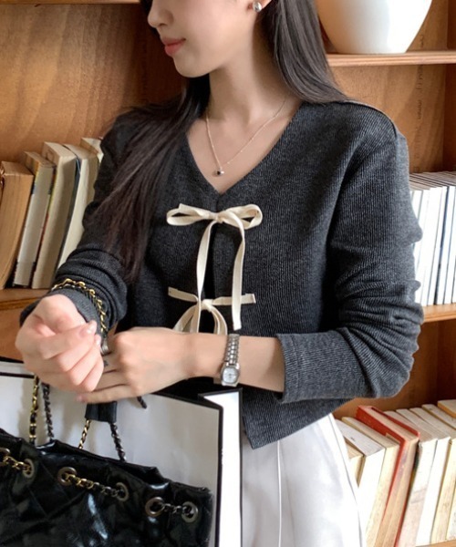 gossip!ロサンゼルス(ゴシップロサンゼルス)の「ショート丈 リボンカーディガン(カーディガン/ボレロ・レディース・ブラック/ライトピンク/グリーン・FREE)」の13枚目の写真