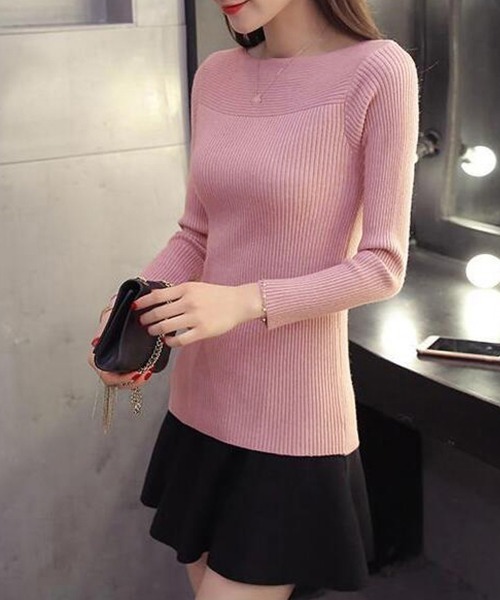 Miniministore（ミニミニストア）の「リブ ニットトップス ボートネック 長袖（ニット/セーター・レディース・ブラック/ブラウン/グレー/ピンク/ホワイト・FREE）」の11枚目の写真
