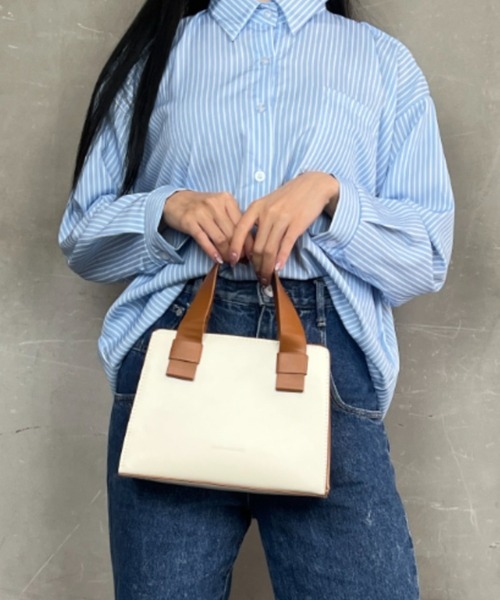 Loco Ocean(ロコオーシャン)の「【スクエアバッグ】フェイクレザー 配色 / 2way ハンドバッグ ショルダーバッグ(トートバッグ・レディース・ブラック/ホワイト/グリーン・ONE SIZE)」の6枚目の写真