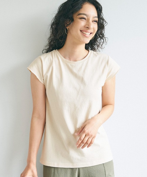 cloth＆cross コーヒーTシャツ　Ｖネック　フレンチスリーブ　白 セール】フレンチスリーブコットンTシャツ（Tシャツ/カットソー