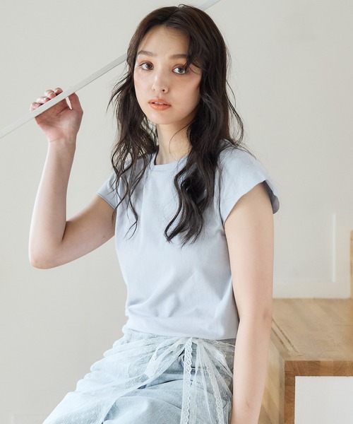 cloth＆cross コーヒーTシャツ　Ｖネック　フレンチスリーブ　白 セール】フレンチスリーブコットンTシャツ（Tシャツ/カットソー