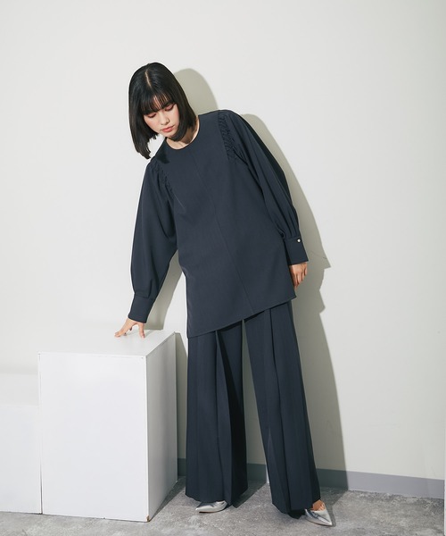 スマイルオーキッド SMILE ORCHID 肩ギャザーブラウス＆テーパードパンツ2点セットアップ （ブラック） ダブルボタン付きジャケット＆スラックスパンツセットアップ