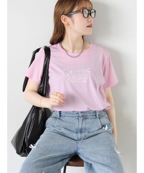 ehka sopo（エヘカソポ）の「刺繍ロゴTシャツ（Tシャツ/カットソー・レディース・オフホワイト/ピンク/ブラック/サックスブルー・F）」の4枚目の写真