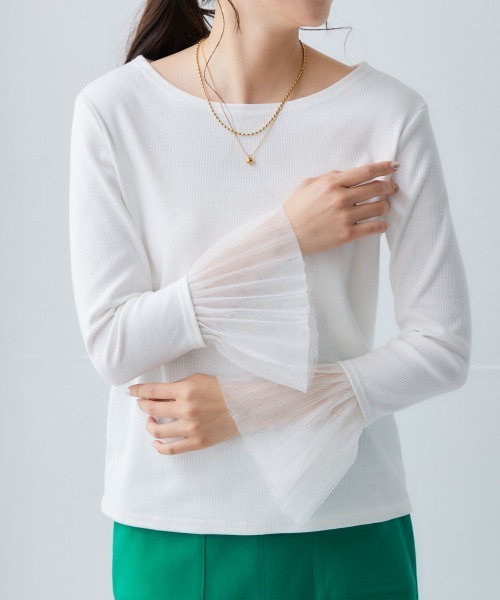 nissen（ニッセン）の「袖プリーツ重ね着用トップス（Tシャツ/カットソー・レディース・オフホワイト/ブラック・LL/L/M/S）」の6枚目の写真