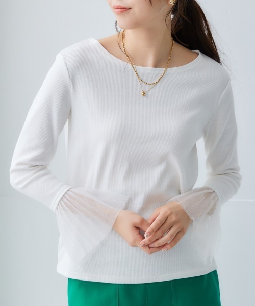 nissen（ニッセン）の「袖プリーツ重ね着用トップス（Tシャツ/カットソー・レディース・オフホワイト/ブラック・LL/L/M/S）」の7枚目の写真