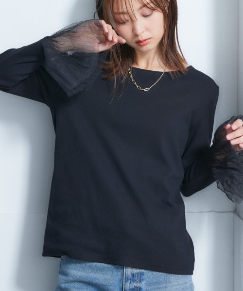 nissen（ニッセン）の「袖プリーツ重ね着用トップス（Tシャツ/カットソー・レディース・オフホワイト/ブラック・LL/L/M/S）」の12枚目の写真