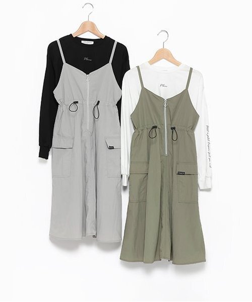 ポンポネット　160 カーゴキャミワンピースTシャツセット セール】カーゴキャミワンピース＆ロンTセット（シャツ
