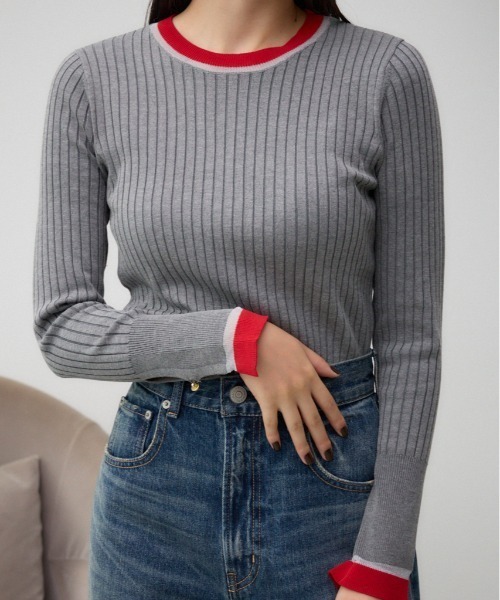 AZUL by moussy(アズールバイマウジー)の「シアーコンビバイカラーニットトップス(ニット/セーター・レディース・ブラック/杢グレー/ダークブルー/ネイビー・FREE)」の1枚目の写真
