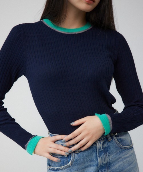 AZUL by moussy(アズールバイマウジー)の「シアーコンビバイカラーニットトップス(ニット/セーター・レディース・ブラック/杢グレー/ダークブルー/ネイビー・FREE)」の3枚目の写真