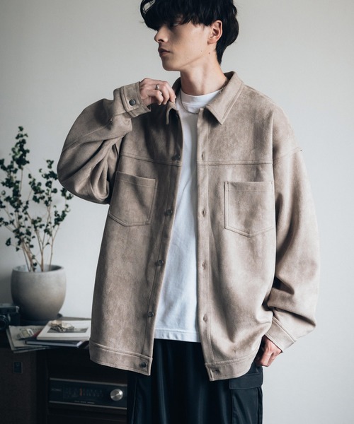 Rocky Monroe（ロッキーモンロー）の「オーバーサイズ カットスエードCPOシャツジャケット（シャツ/ブラウス・メンズ・ブラック/ブラウン/チャコール/グレイッシュベージュ/ライトグレー・M/L/XL）」の5枚目の写真