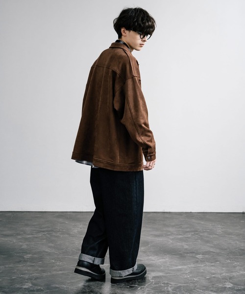 フレームワーク オーバーサイズシャツ 胸ポケット ブラウン ワイド　ゆったり オーバーサイズ カットスエードCPOシャツジャケット（シャツ/ブラウス