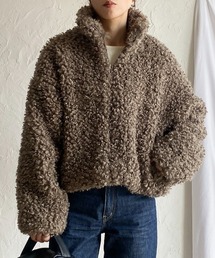 スタンドカラーショート丈ジップアッププードルファーボアブルゾンコート