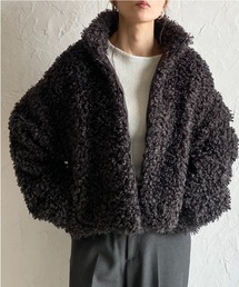 スタンドカラーショート丈ジップアッププードルファーボアブルゾンコート
