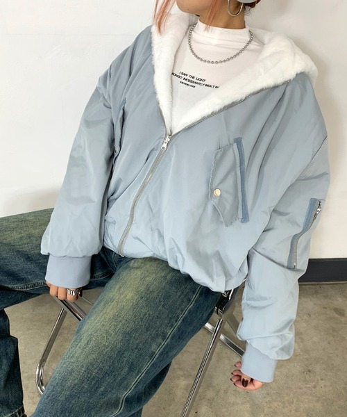 non-hedge(ノンヘッジ)の「リバーシブルフード付ビッグMA1(MA-1・レディース・アイボリー/カーキ/ブルー/ピンク/ベージュ/ブラック・FREE)」の5枚目の写真