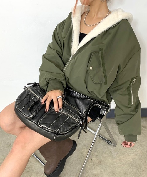 non-hedge(ノンヘッジ)の「リバーシブルフード付ビッグMA1(MA-1・レディース・アイボリー/カーキ/ブルー/ピンク/ベージュ/ブラック・FREE)」の12枚目の写真