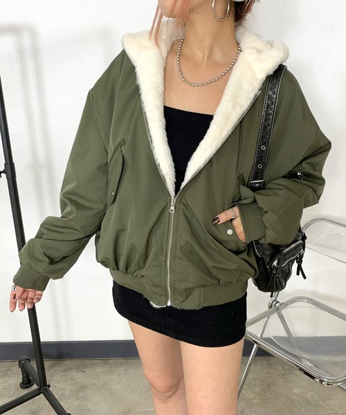 non-hedge(ノンヘッジ)の「リバーシブルフード付ビッグMA1(MA-1・レディース・アイボリー/カーキ/ブルー/ピンク/ベージュ/ブラック・FREE)」の11枚目の写真