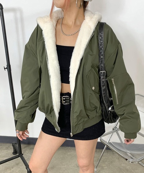 non-hedge(ノンヘッジ)の「リバーシブルフード付ビッグMA1(MA-1・レディース・アイボリー/カーキ/ブルー/ピンク/ベージュ/ブラック・FREE)」の10枚目の写真