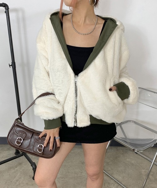 non-hedge(ノンヘッジ)の「リバーシブルフード付ビッグMA1(MA-1・レディース・アイボリー/カーキ/ブルー/ピンク/ベージュ/ブラック・FREE)」の9枚目の写真
